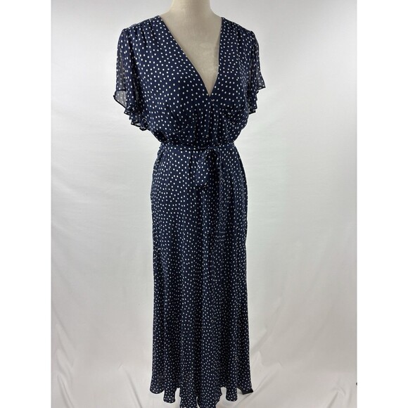 Rixo Maxi Florida Dress Bohemia Dots Navy Blue White Polka Dots 14 Short Sleeve - Picture 11 of 11